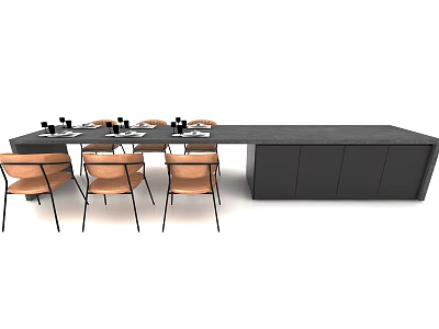 Modern Style Dining Table Set With Black Countertop And Wooden Chairs 3d model