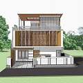 Modern Detached Villa With Wooden Facade Balcony Plants Outdoor Garden And Parking Space
