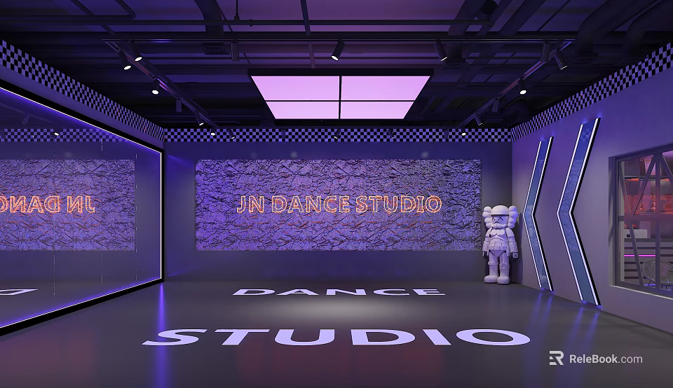 Modern Dance Studio With Checkerboard Wall Purple Lighting Floor Letters And White Statue 3d model 
