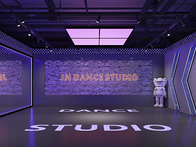 Modern Dance Studio With Checkerboard Wall Purple Lighting Floor Letters And White Statue 3d model