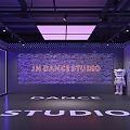 Modern Dance Studio With Checkerboard Wall Purple Lighting Floor Letters And White Statue