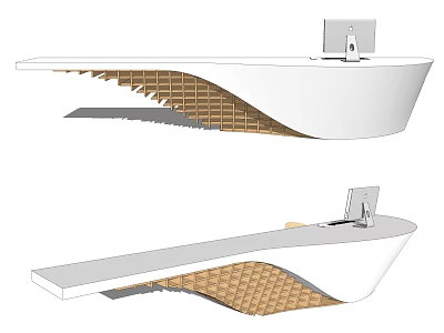 Modern Sleek Reception Desk With White Surface Wooden Honeycomb Structure And Computer Monitor 3d model