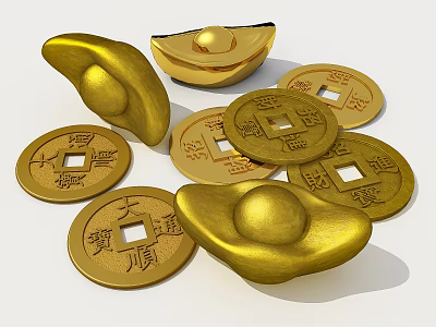 Gold Jewelry Pieces Featuring Traditional Chinese Ingots And Ancient Coins With Characters 3d model