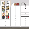 Office Bookcase With Books Trophies Photo Frames Alongside Filing Cabinets Printer And Bulletin Board 3d model