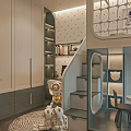 Kids Room Interior With Bunk Bed Staircase Polka Dot Walls Table Chairs And Robot Toy