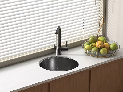 Black Round Kitchen Sink With High Arc Faucet On White Countertop And Glass Fruit Bowl 3d model