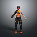 Woman in orange top and black pants with hat posing with tattoos in futuristic style 3d model