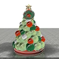 Christmas Themed Art Installation With Tree Shaped Green Spheres Red Flowers And Star Top