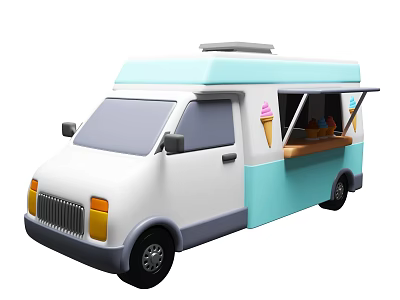 Blue and White Ice Cream Utility Vehicle with Open Window Selling Tasty Ice Cream Cones 3d model
