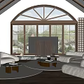 Cozy Living Room Interior Design With Arched Windows Wooden Beam Ceiling White Sofas And Fireplace