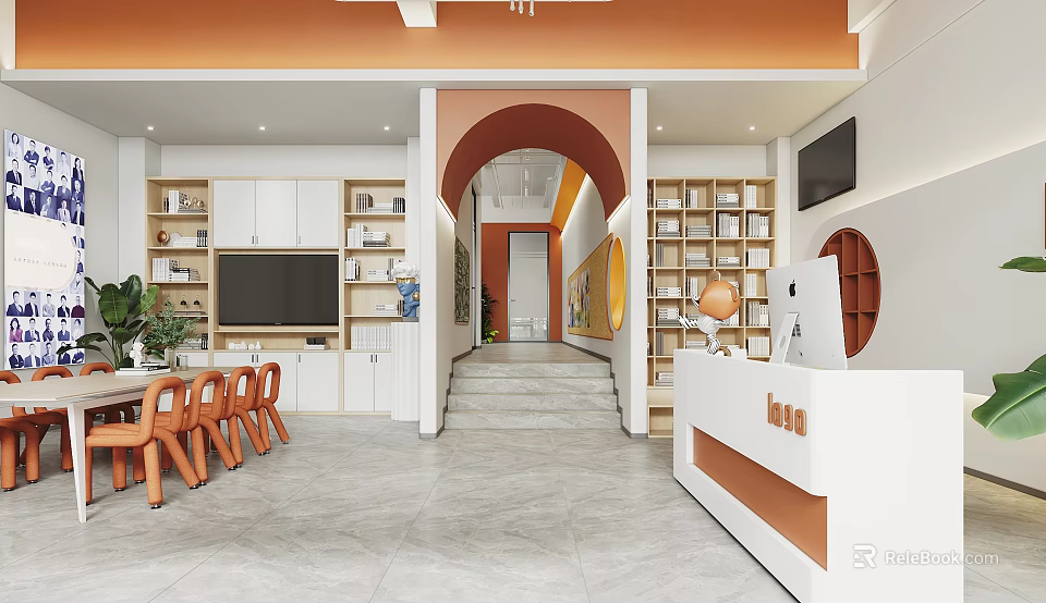 Modern Interior Space With Bookshelves Reception Desk And Orange Chairs 3d model 