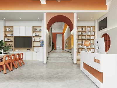 Modern Interior Space With Bookshelves Reception Desk And Orange Chairs 3d model
