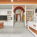 Modern Interior Space With Bookshelves Reception Desk And Orange Chairs