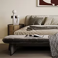 Gray Double Bed Bedroom Interior With Abstract Painting Bedside Tables Lamps Bench And Checkered Blanket