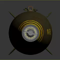 Green Military Bomb With Yellow Stripes And Text Markings On Cylindrical Body