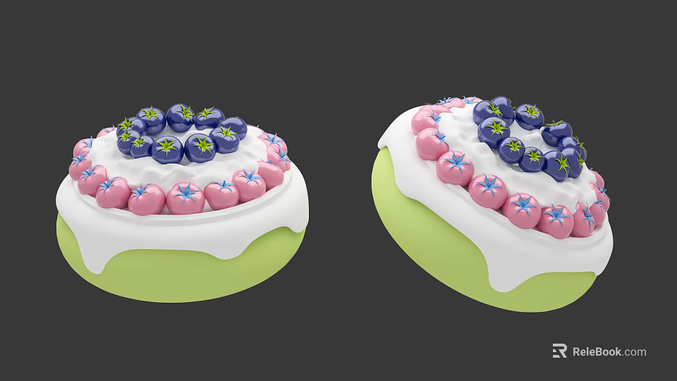 Decorated Green Base Dessert With White Frosting Pink Fruits And Blue Berries 3d model 