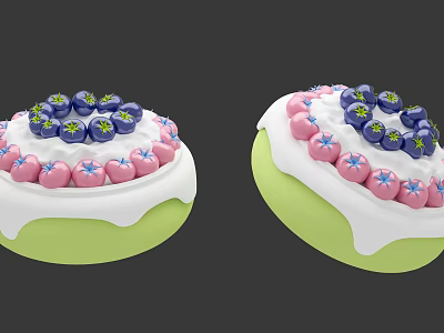 Decorated Green Base Dessert With White Frosting Pink Fruits And Blue Berries 3d model