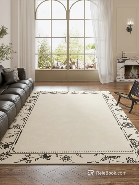 Elegant Living Room Interior With Black Leather Sofa Rocking Chair Beige Patterned Rug And Fireplace 3d model 