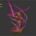 Red Haired Game and Movie Character Holding Spear With Flame Effects Standing On Circular Base