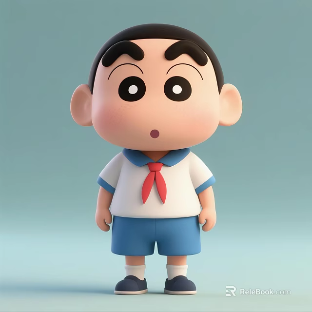 Cartoon Boy With Big Eyes Thick Eyebrows Wearing Red Tie Blue Shorts Light Blue Backdrop 3d model 
