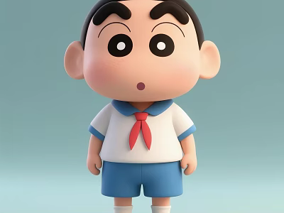 Cartoon Boy With Big Eyes Thick Eyebrows Wearing Red Tie Blue Shorts Light Blue Backdrop 3d model