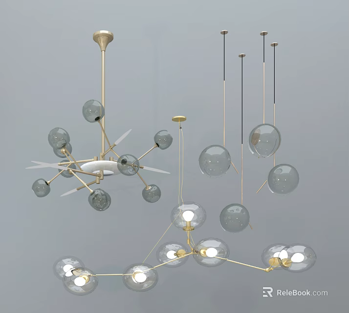 Unique Shape Modern Chandeliers With Glass Globes And Golden Metal Frames 3d model 