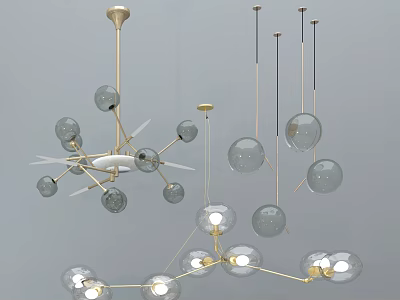 Unique Shape Modern Chandeliers With Glass Globes And Golden Metal Frames 3d model