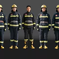 Men Standing in Black Firefighting Uniforms With Yellow Helmets Against Dark Background