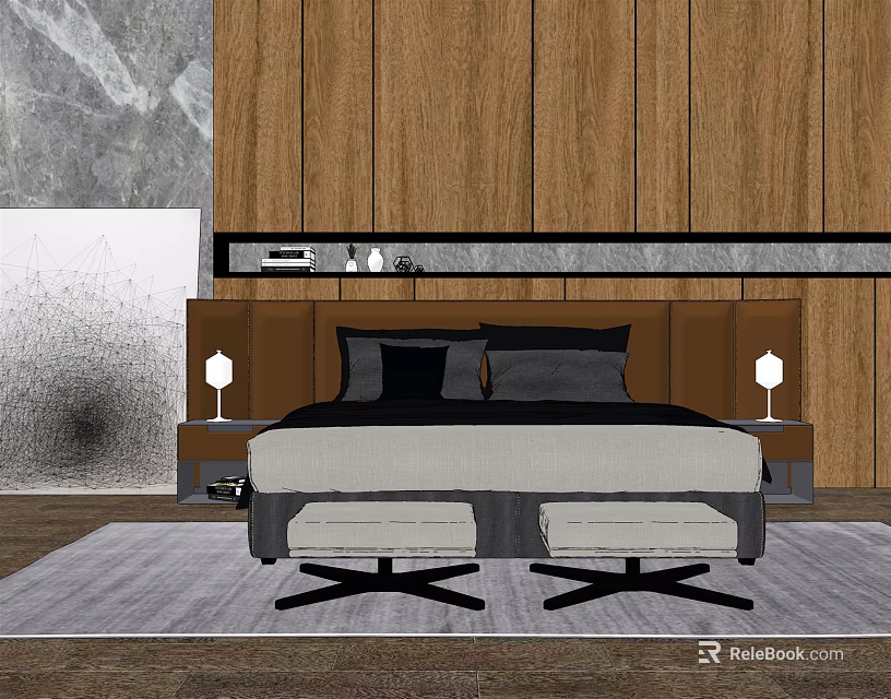 Modern Background Double Bed with Wooden Wall Headboard Bedside Tables Table Lamps and Rug Stools 3d model 