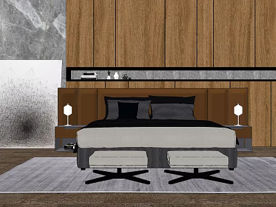 Modern Background Double Bed with Wooden Wall Headboard Bedside Tables Table Lamps and Rug Stools 3d model