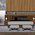 Modern Background Double Bed with Wooden Wall Headboard Bedside Tables Table Lamps and Rug Stools