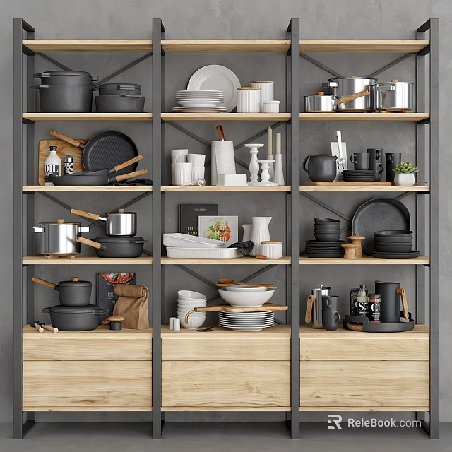 Various Kitchenware Displayed On Wooden And Metal Shelves Including Pots Plates Bowls Mugs Teapots 3d model 