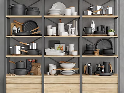 Various Kitchenware Displayed On Wooden And Metal Shelves Including Pots Plates Bowls Mugs Teapots 3d model