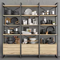 Various Kitchenware Displayed On Wooden And Metal Shelves Including Pots Plates Bowls Mugs Teapots