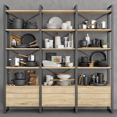 Various Kitchenware Displayed On Wooden And Metal Shelves Including Pots Plates Bowls Mugs Teapots 3d model