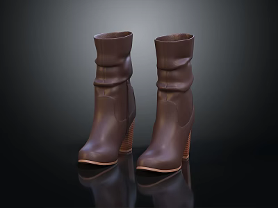 Stylish Brown Leather Boots With Ruched Shaft And Wedge Heel Design 3d model