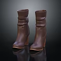 Stylish Brown Leather Boots With Ruched Shaft And Wedge Heel Design