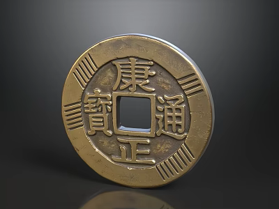 Ancient Chinese Bronze Coin Featuring Kang Zheng Tong Bao Inscriptions and Square Hole 3d model