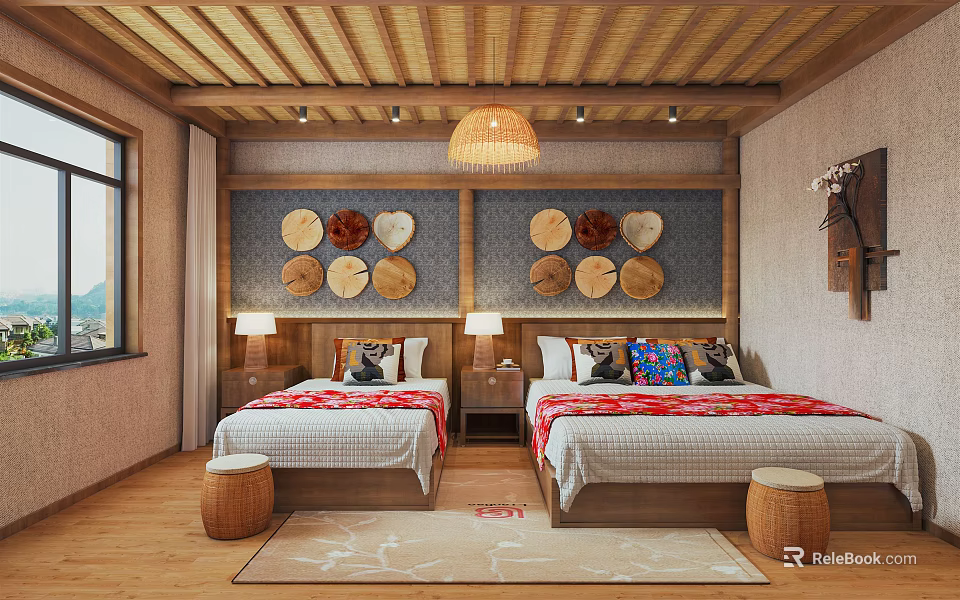 Hotel Guest Room With Twin Beds Wooden Ceiling And Circular Heart Wall Decor 3d model 