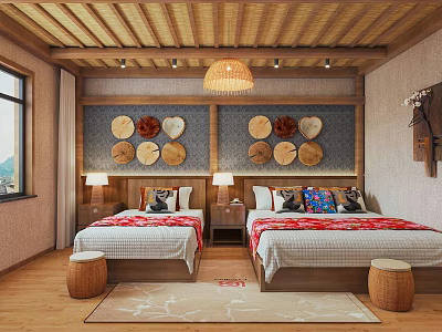 Hotel Guest Room With Twin Beds Wooden Ceiling And Circular Heart Wall Decor 3d model