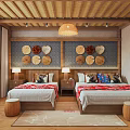 Hotel Guest Room With Twin Beds Wooden Ceiling And Circular Heart Wall Decor