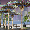 Pergola With Colorful Glass Canopy Wooden Structure Supports Palm Trees City Skyline And Blue Lighting
