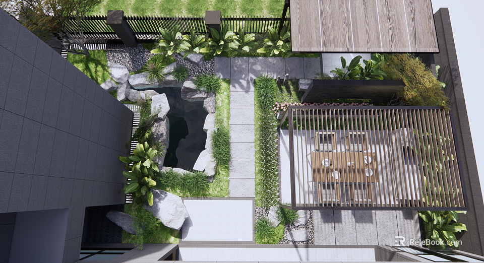 Tranquil Courtyard Garden With Stone Pond Green Plants Pathway And Wooden Seating Area 3d model 