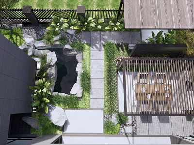 Tranquil Courtyard Garden With Stone Pond Green Plants Pathway And Wooden Seating Area 3d model