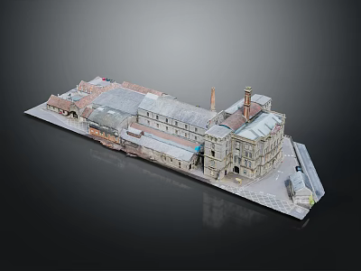 Detailed Architectural Model of Industrial Building Complex with Chimneys and Intricate Roof Design 3d model