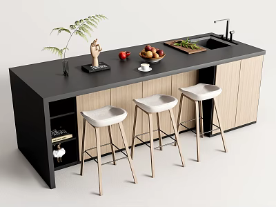 Modern Bar Counter With Black Top Wooden Cabinets Plant And Three White Stools 3d model