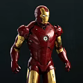 Iron Man Movie and Game Character with Red Gold Armor Standing on Black Base