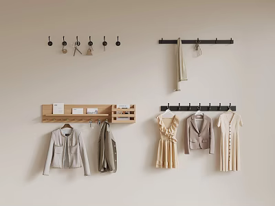 Different Hooks on Beige Wall with Small Shelf Hanging Coats Dresses Keys and Towels 3d model