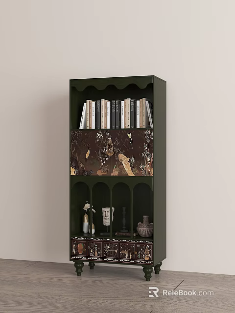 Dark Green Bookcase Featuring Books Upper Shelf Middle Decorative Panel Lower Open Compartments Decorative Items 3d model