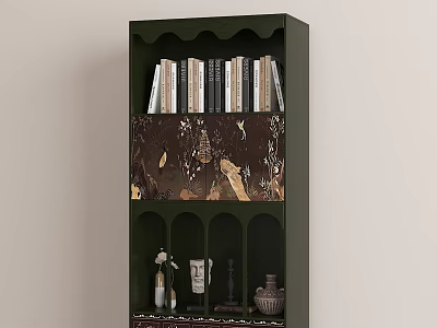 Dark Green Bookcase Featuring Books Upper Shelf Middle Decorative Panel Lower Open Compartments Decorative Items 3d model